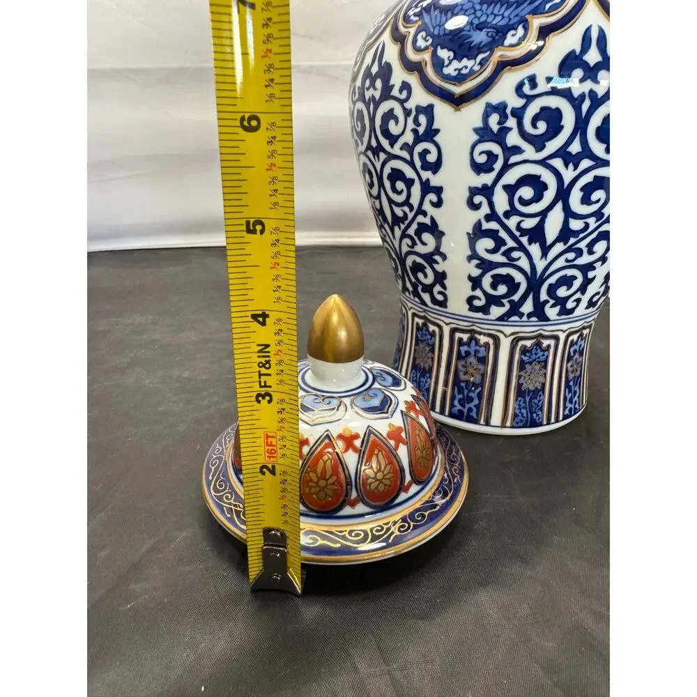 Vintage Toyo Japan Gold Imari Porcelain Ginger Jar Lidded Vase Cobalt Blue 11